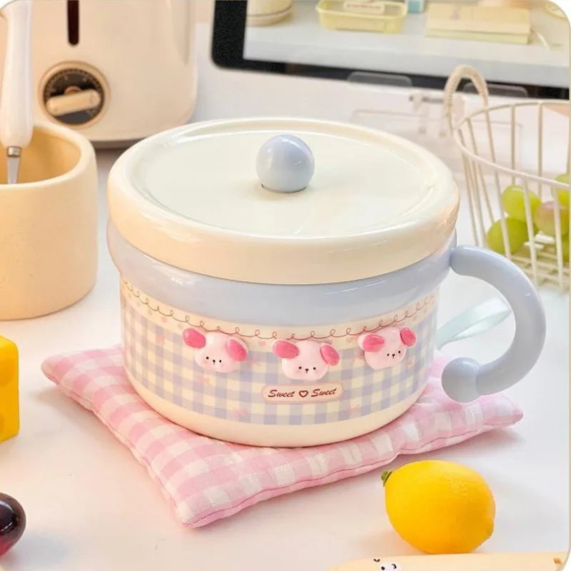Tazón de ramen Kawaii pastel a cuadros con tapa