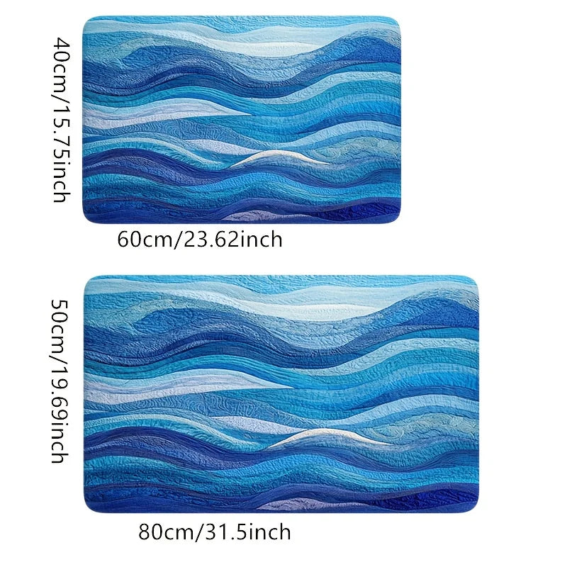 Rich Blue Wavy Pattern Bath Mat, Machine Washable Non-Slip Rug, Ideal for Bathroom Kitchen Entryway, Perfect Housewarming Gift