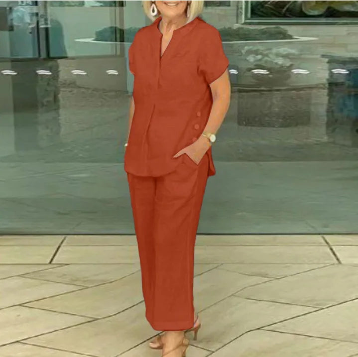 New Summer Women's Short-sleeve Tops Pants Casual Two-piece Suit Fashion Elegant Office Solid Holiday 2-piece Set Women Clothes