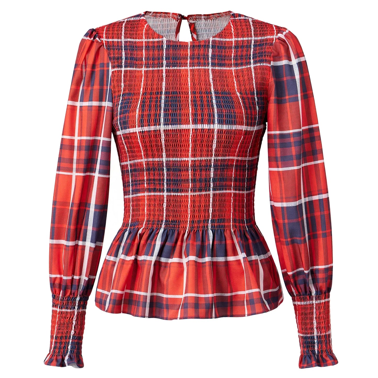 Women T-shirt Elegant Long Sleeve Crew Neck Pleated Ladies Vintage Plaid Print Tops Spring Fall Streetwear