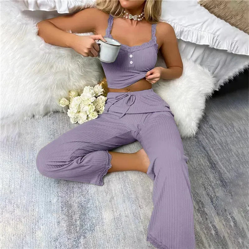 Autumn Winter Two Pieces Pajamas Set for Women Sleepwear Lace Suspenders Tops and Long Trousers Pijamas Loungewear