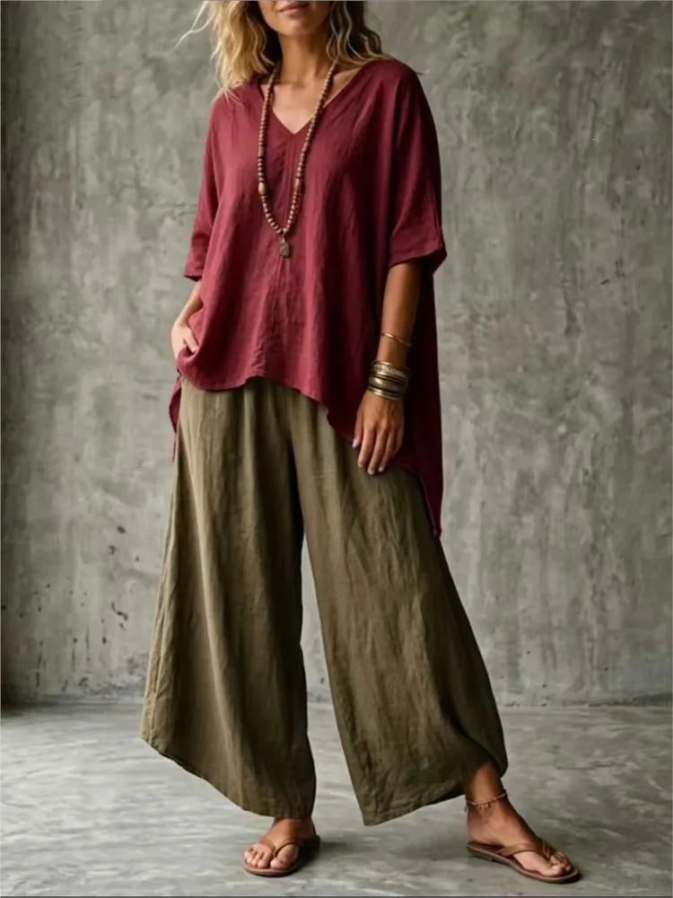 Summer New Loose Retro Short-sleeved T-shirt Trousers 2-piece Set Women's Fashion Irregular Top + Wide-leg Trousers Set Female