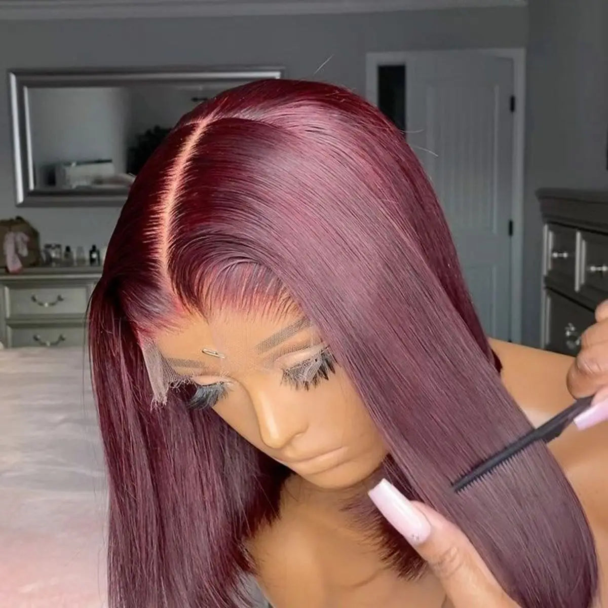 Peluca de encaje frontal sintética 13X4 HD con flequillo corto y liso, color rojo burdeos 99J, para mujeres negras, pre-arrancada con pelo de bebé, sin pegamento