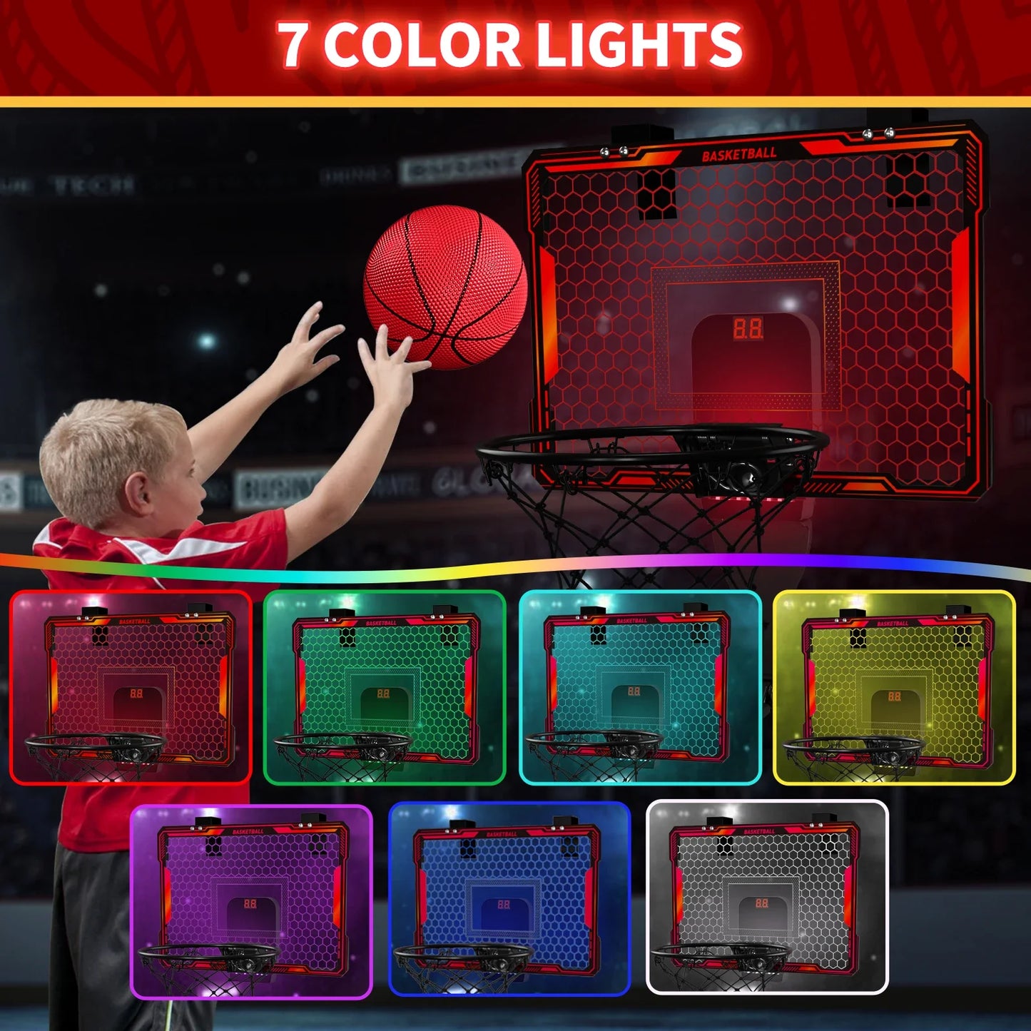 Mini Indoor Basketball Hoop with 7 LED Lights Scoreboard 3 Play Modes Adjustable Volume over Door Foldable for Kids Adults