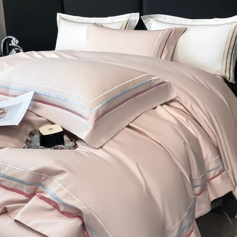 Hotel Style Bedding Set Luxury Golden Embroidery Duvet Cover Grey Egyptian Cotton Bed Sheets Pillowcases Solid Color Bedclothes