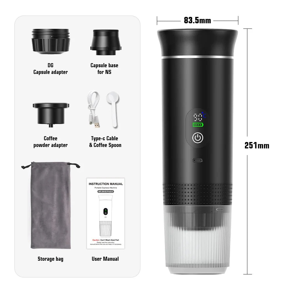 Wireless Electric Portable Espresso Coffee Machine for Car & Home Camping Coffee Maker 3-in-1 Capsule Powder Travel Coffee Maker