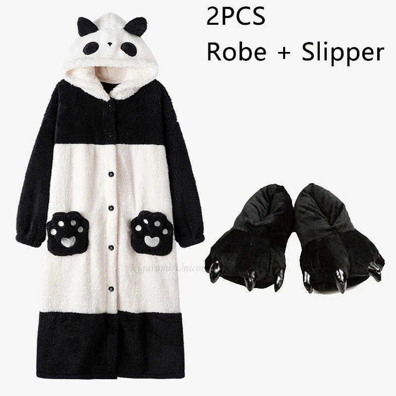 Cartoon Panda Plush Pajamas Robes Anime Adult Nightgown Winter Long Sleeve Night Dress Halloween Party Comfy Kawaii Girl Slipper