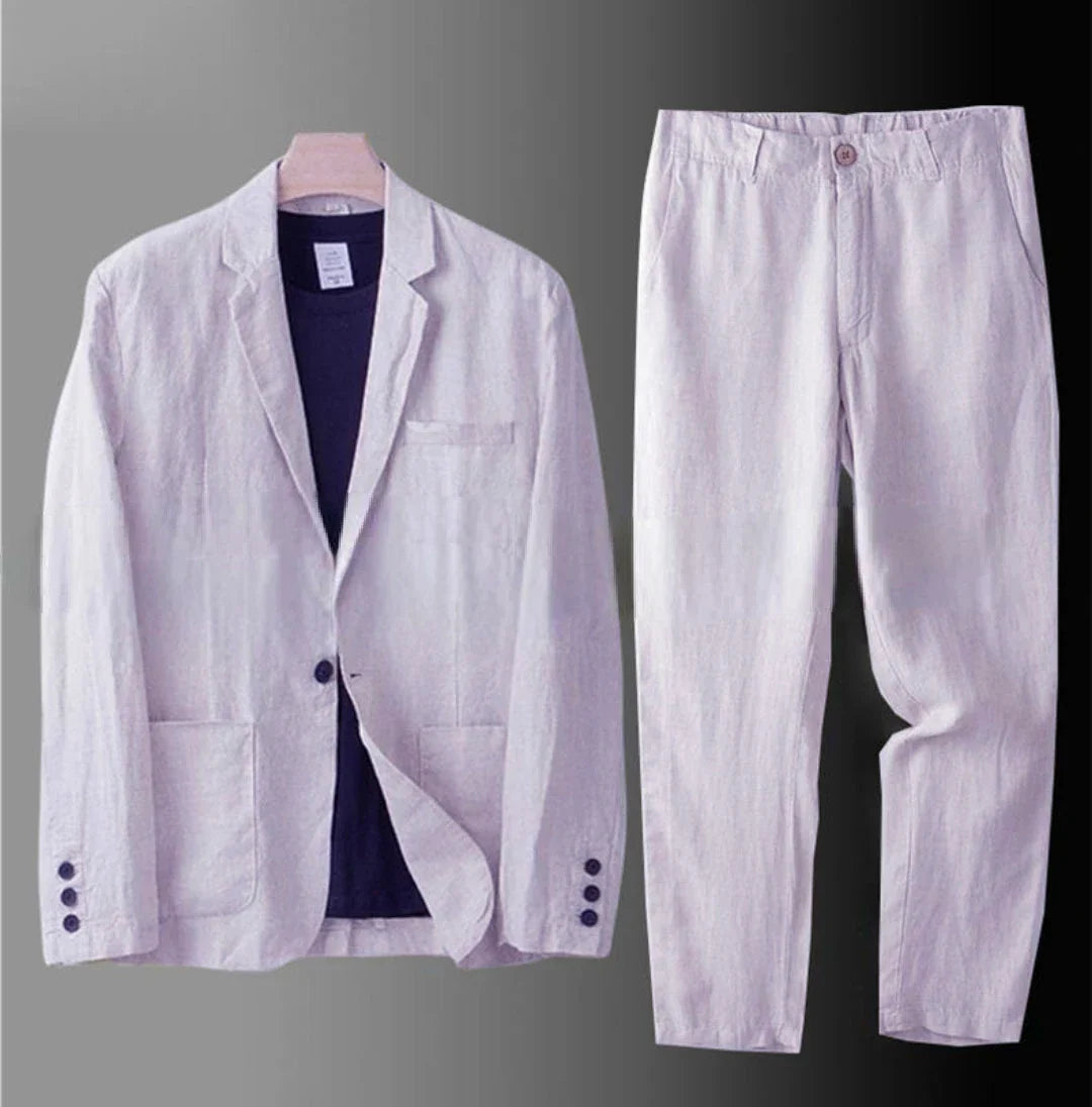Cotton Linen Men's 2‑Piece Suit Lightweight Slim Fit Breathable Casual Suit Set for Office Wedding Sun Protection