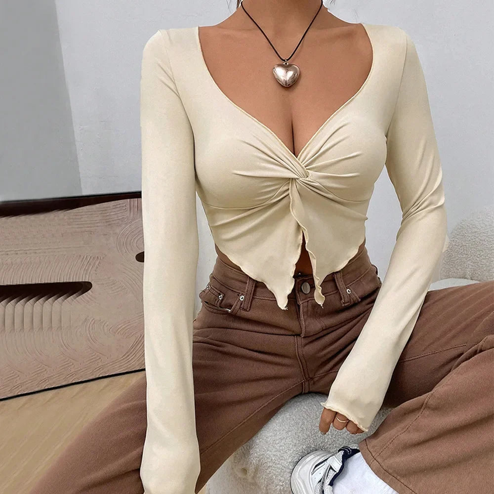 Fairyshely 2026 Autumn Winter V Neck Bodycon T-shirt Sexy Women Long Sleeve Bodycon Crop Top Lady Apricot Y2K Club Short Tops