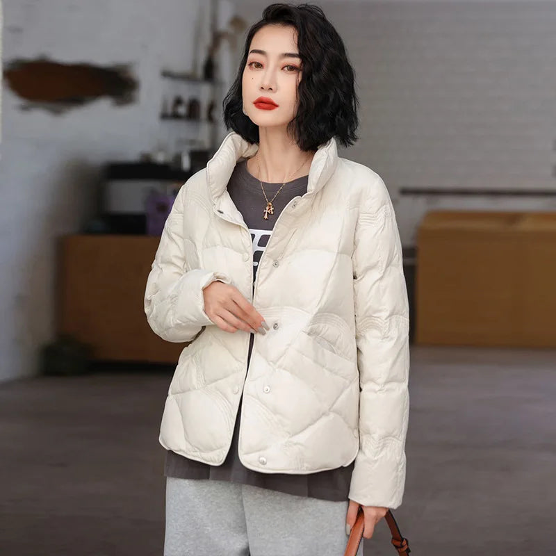 Women's Winter Short Down Jacket Stand Collar Plaid Solid White Duck Down Coat Lady Puffer Jackets  max mara пуховик JK-229