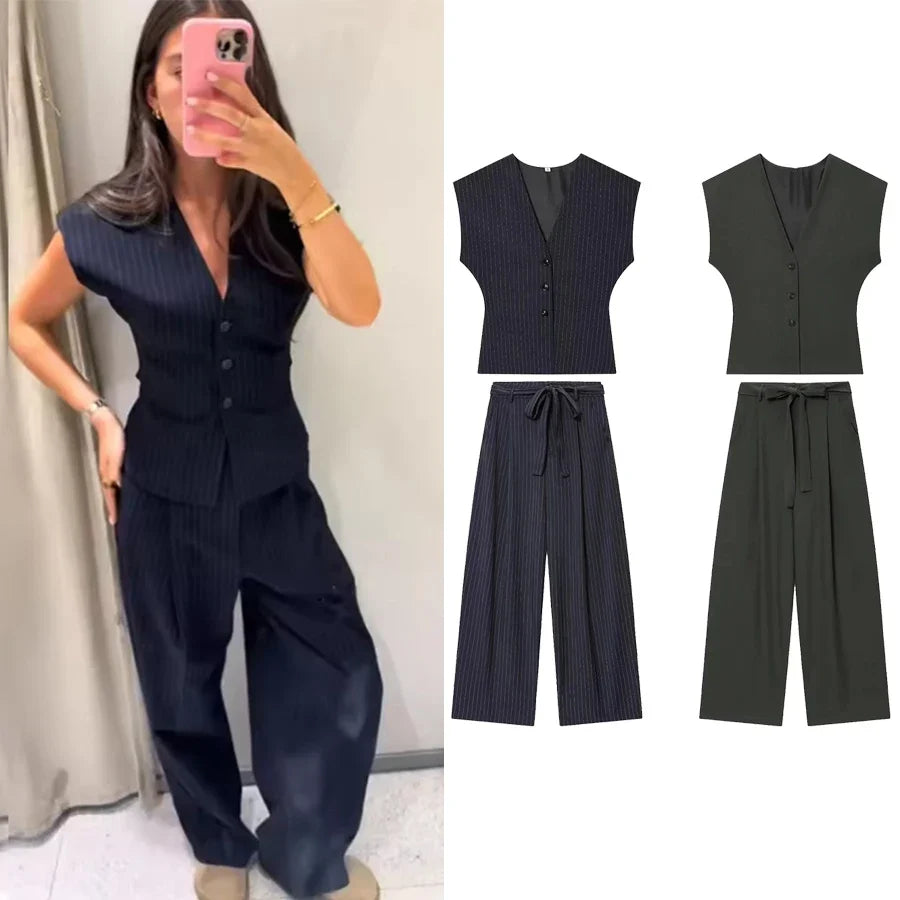 Women Fashion 2-Piece Set Single-breasted Sleeveless V-Neck Pinstripe Vest+Summer Pleated Loose Pocket Belt Zipper Pants