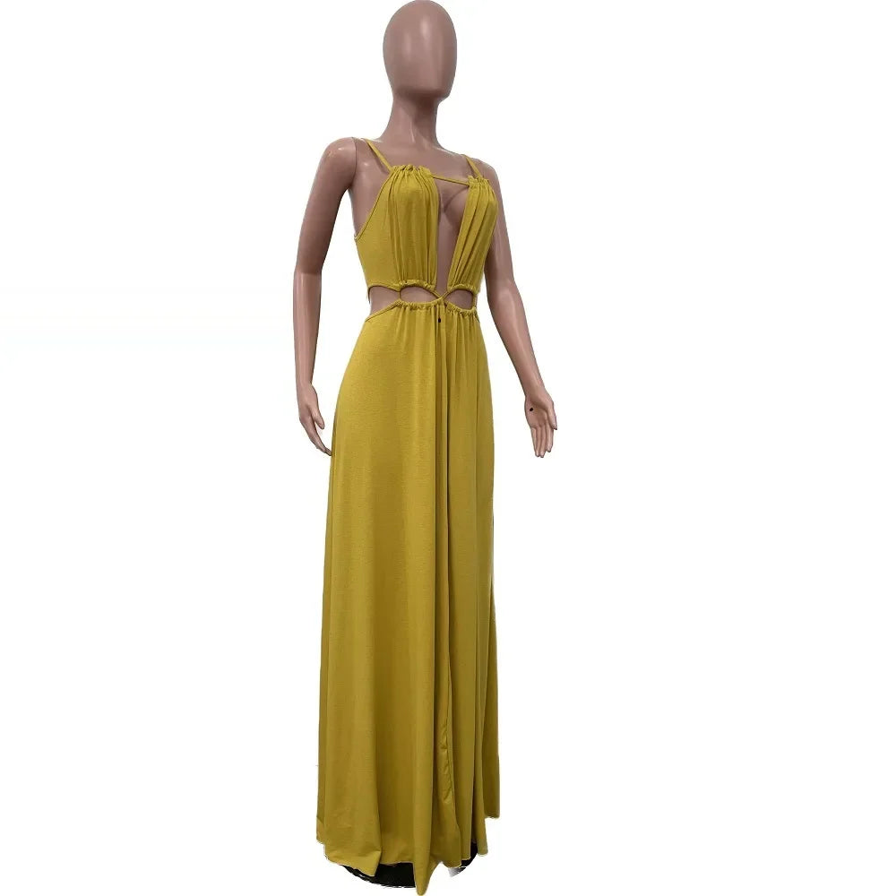 2025 Women's Dress Summer Holiday Solid Long Dresses Sexy Drawstring Lace Up Sleeveless Vestidos Para Mujer Club Party Outfits
