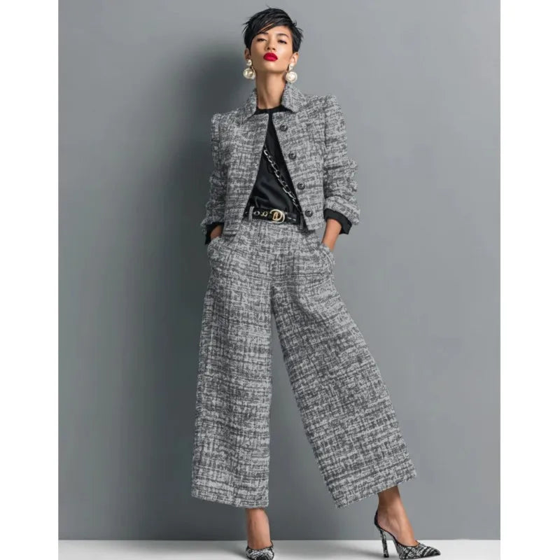 Women's Elegant Short Jackets With Wide Leg Pants Two Pieces Sets Winter New Stand Neck Button Coats Casual Autumn 2026 Outfits