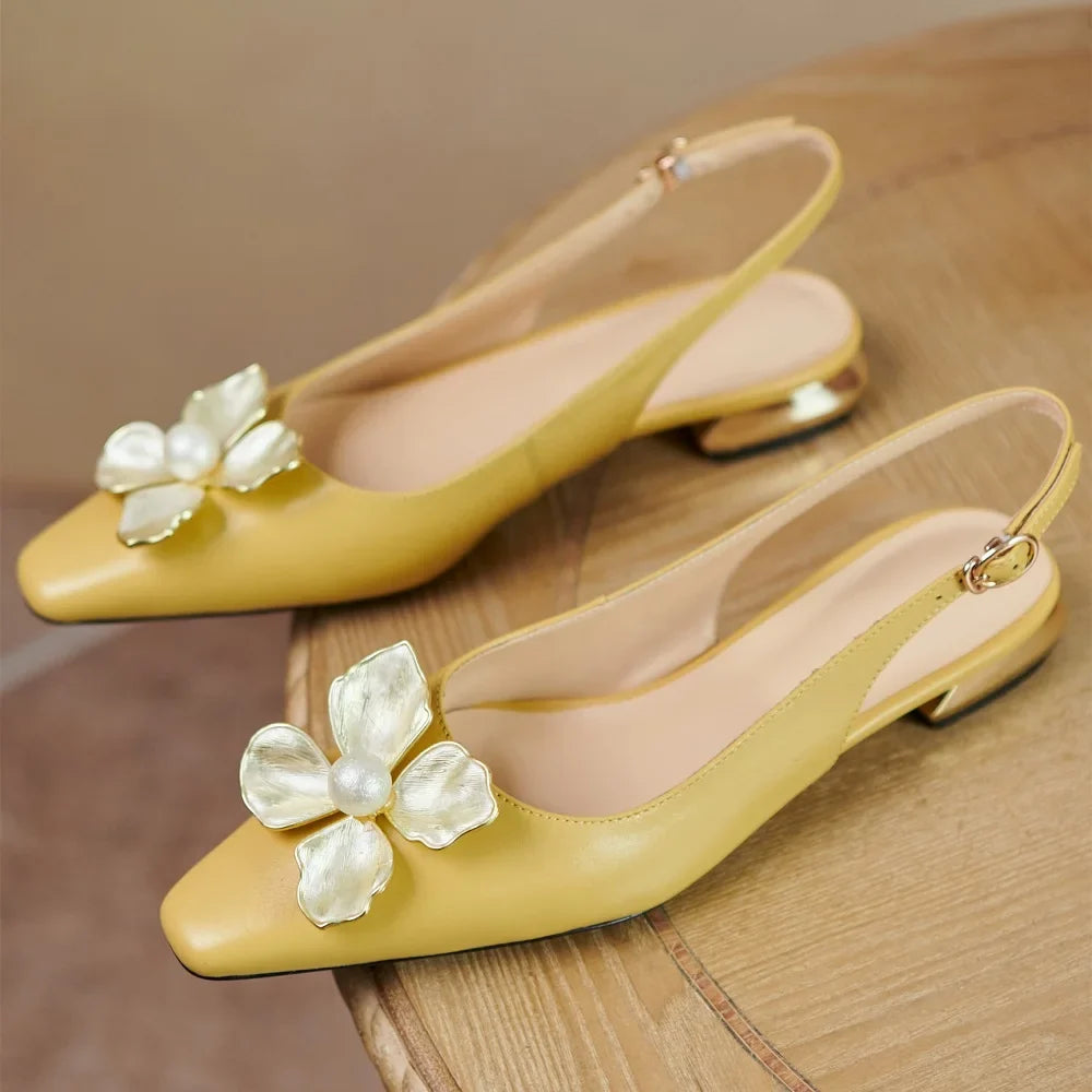 【JOCHEBED HU】Female Flats Shoes Genuine Leather Spring Autumn Women Shoes Metal Flower Pointed Toe Flat Heels Big Size 34-43