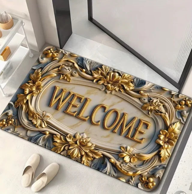 Elegant 3D Gold Frame Welcome Door Mats Water Absorbing Bathroom Mat Floral Design Blue and Gold Home Entrances or Bathrooms