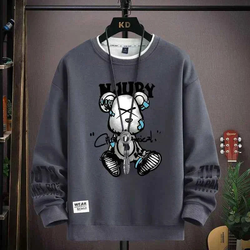 Autumn Men’s Sweatshirt Cool Bear Print Long Sleeve T-shirt Khaki O Neck Harajuku Exclusive Design Top