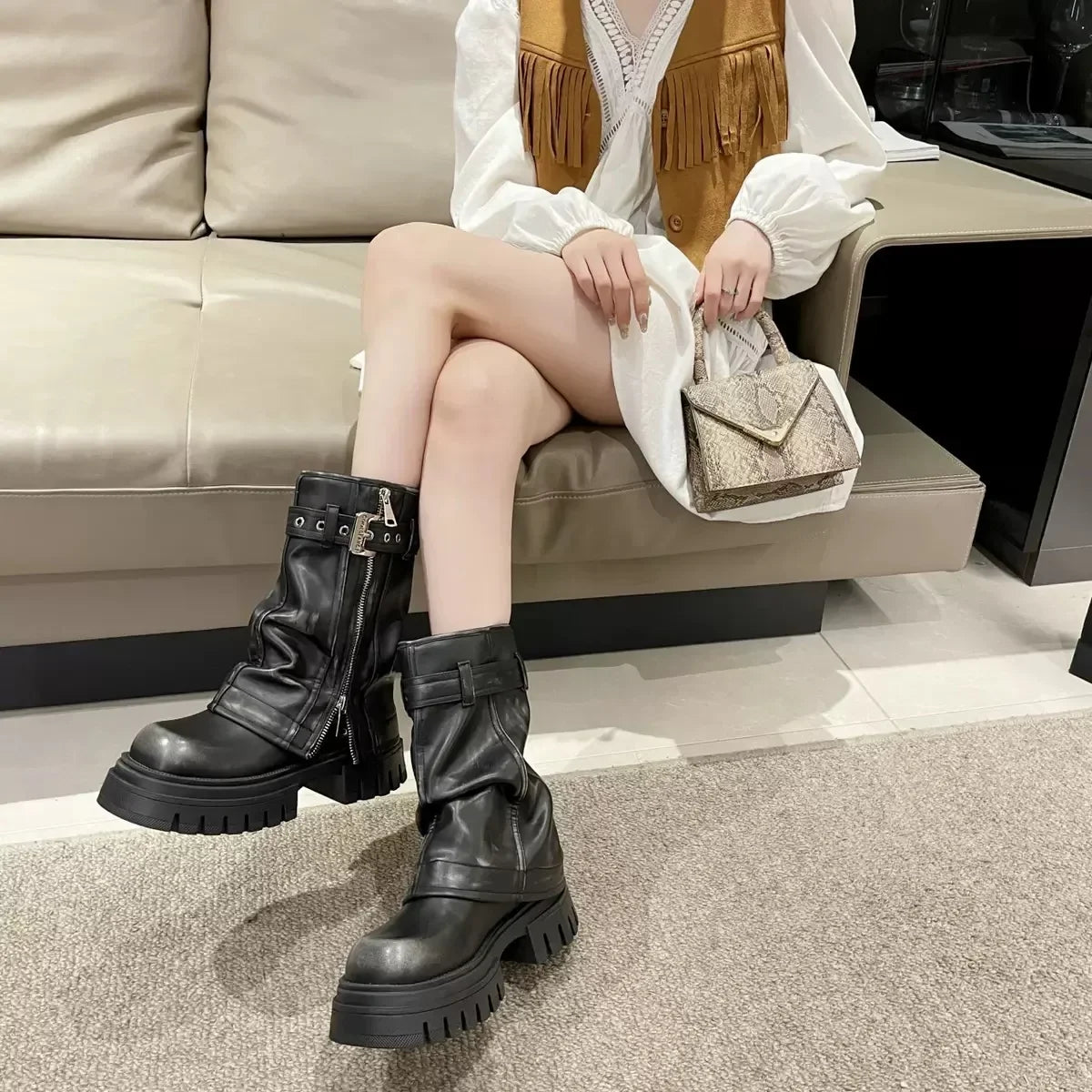 2025 Winter Women Biker Boots Fashion Belt Buckle Ladies Elegant Platform Long Pipe Booties Casual Women's Knee High Booties