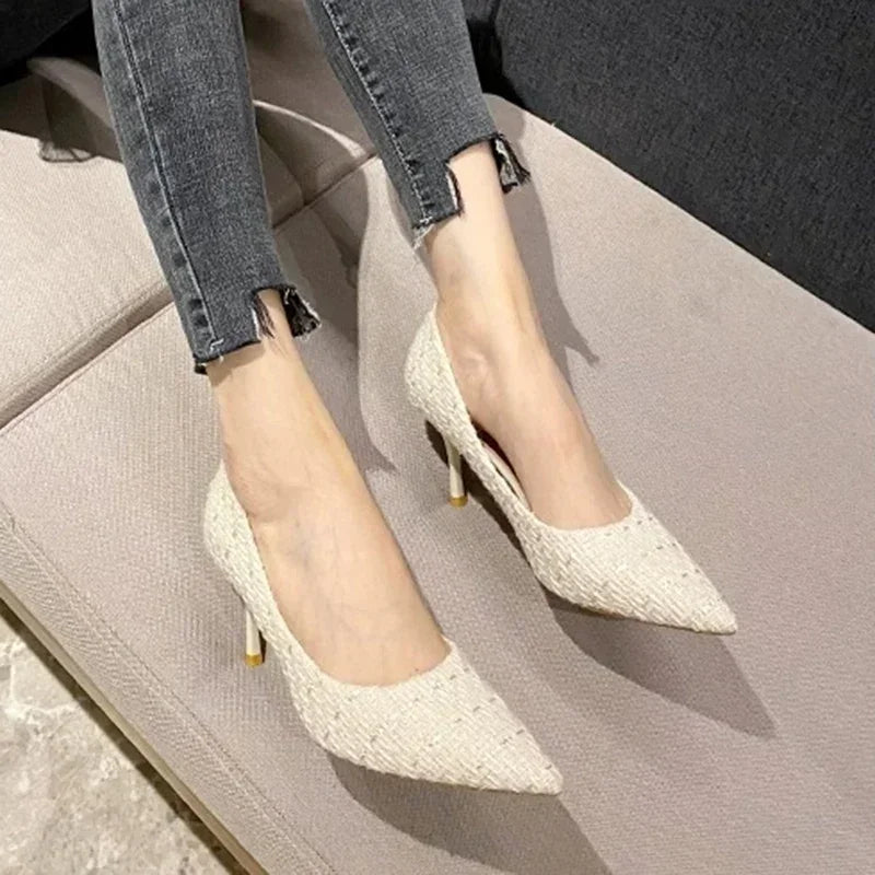 Fashion Tweed Cloth Stiletto Heel Pumps Women Elegant Pointed Toe High Heel Shoes Woman Brand Thin Heeled Party Dress Shoes