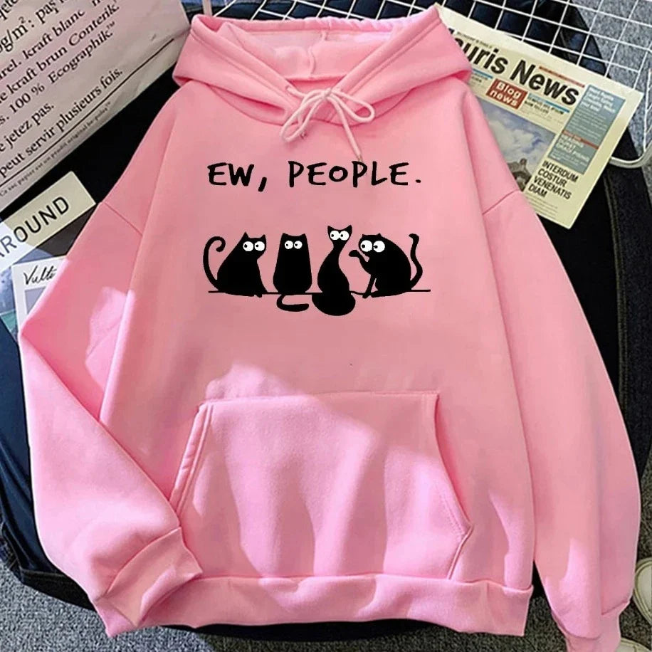 American Vintage 2025 Autumn Winter Woman Hoodies EW PEOPLE Letter Print Top Funny Harajuku Cartoon Black Cat Pattern Clothing