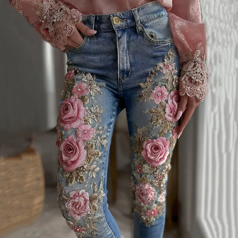 3D Floral Women's Straight Leg Jeans Fashionable and Casual Stretch Denim Pants Comfortable Daily Wear Street Style
