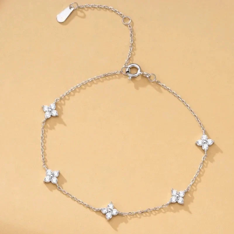 925 Silver Plated Cubic Zirconia Four Leaf Clover Bracelet for Women