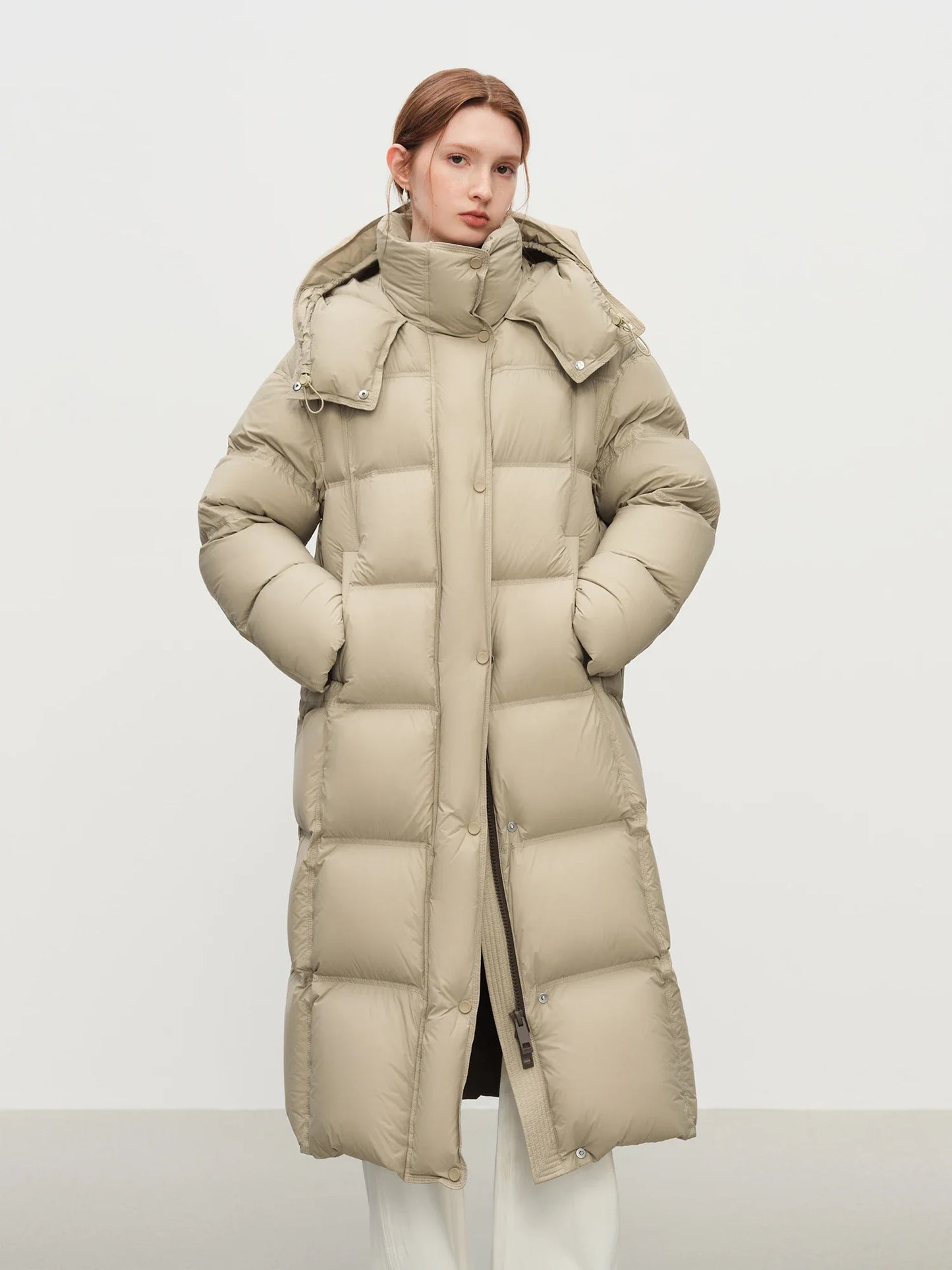 FSLE 2025 Winter New Women's Long Puffer Down Coat with Hood Two-Tone Color Block Thermal Insulated Jacket Heavy Warm Outerwear