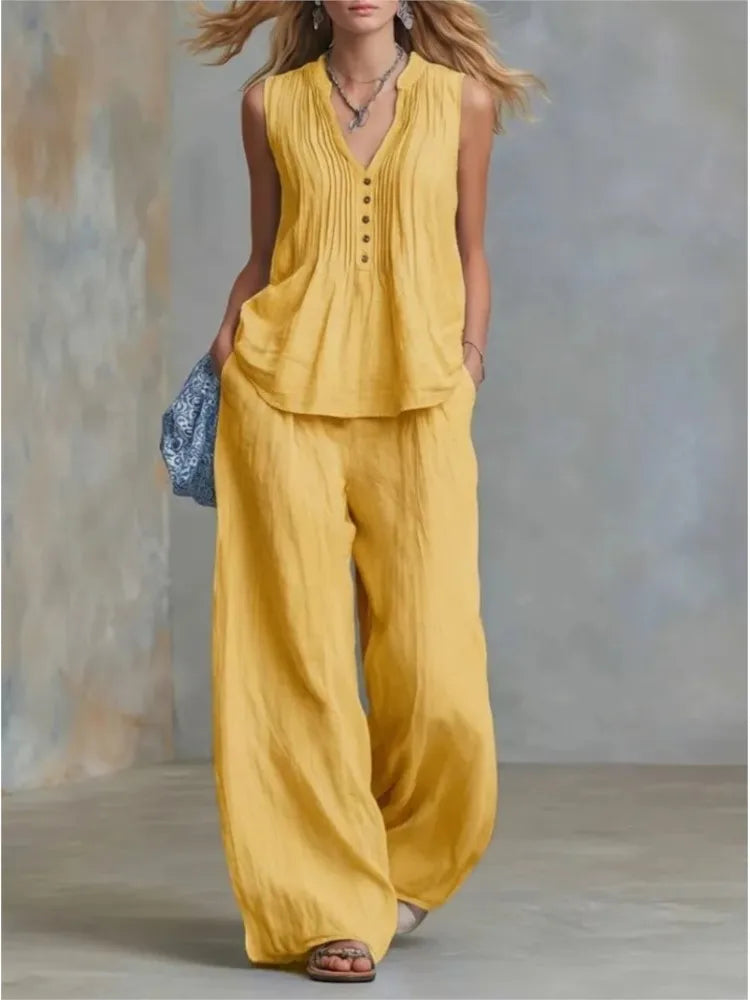 Fashion Pleated V-neck Sleeveless Women's Tops 2-piece Summer Casual Loose Wide-leg Trousers Female Elegant Office Trousers Set