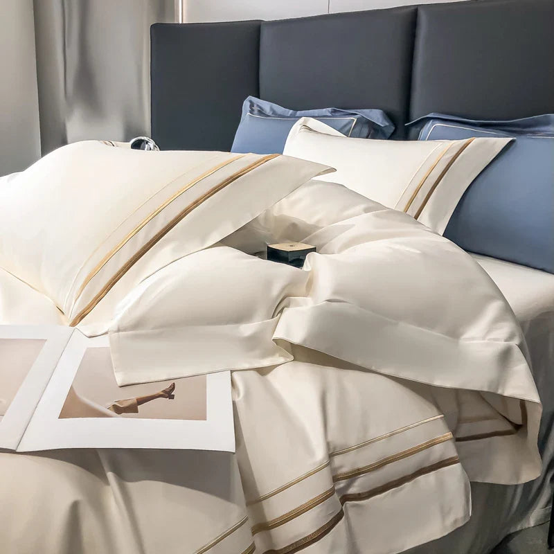 Hotel Style Bedding Set Luxury Golden Embroidery Duvet Cover Grey Egyptian Cotton Bed Sheets Pillowcases Solid Color Bedclothes