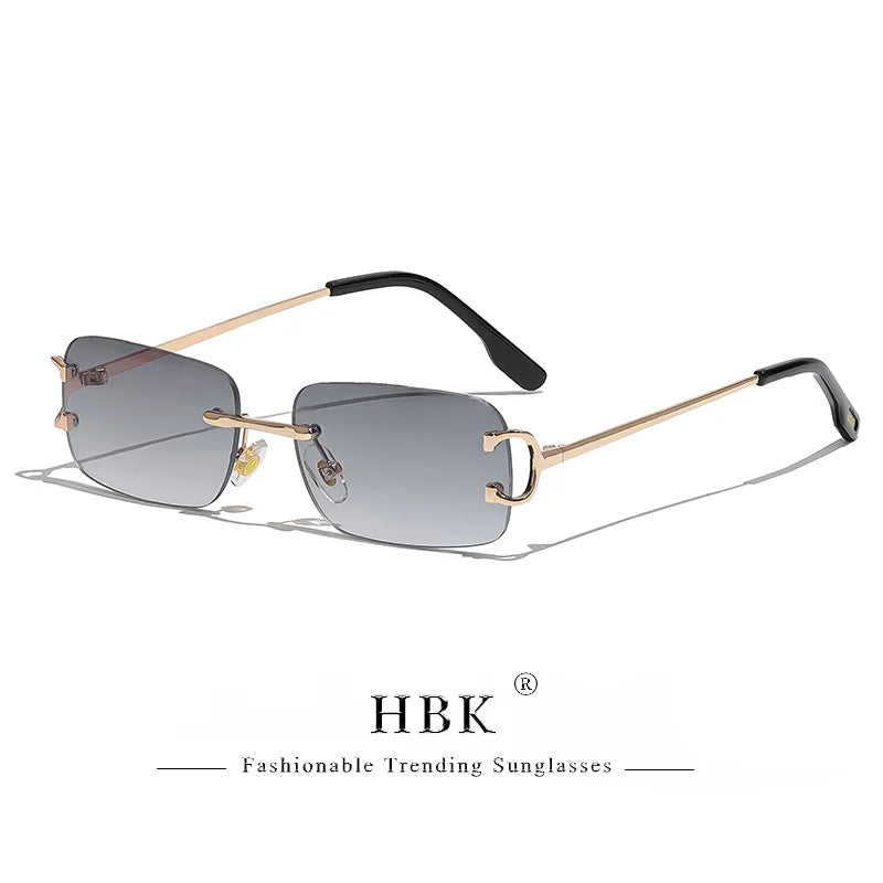 HBK Retro Rimless Small Sunglasses Women Metal Rectangle Gold Frame Brand Design Men Eyewear Driving Travel Beach Eyewear UV400