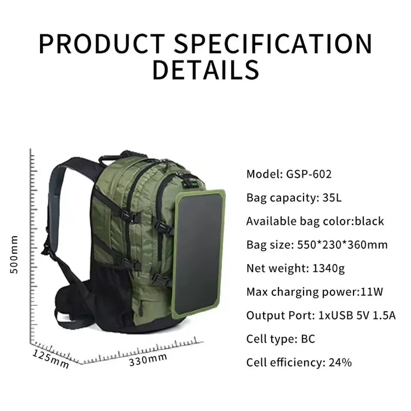 Portable Solar Backpack for Hiking Camping Outdoor Travel USB Charging Bag for Laptop Mobile Phone High Capacity Power Bank