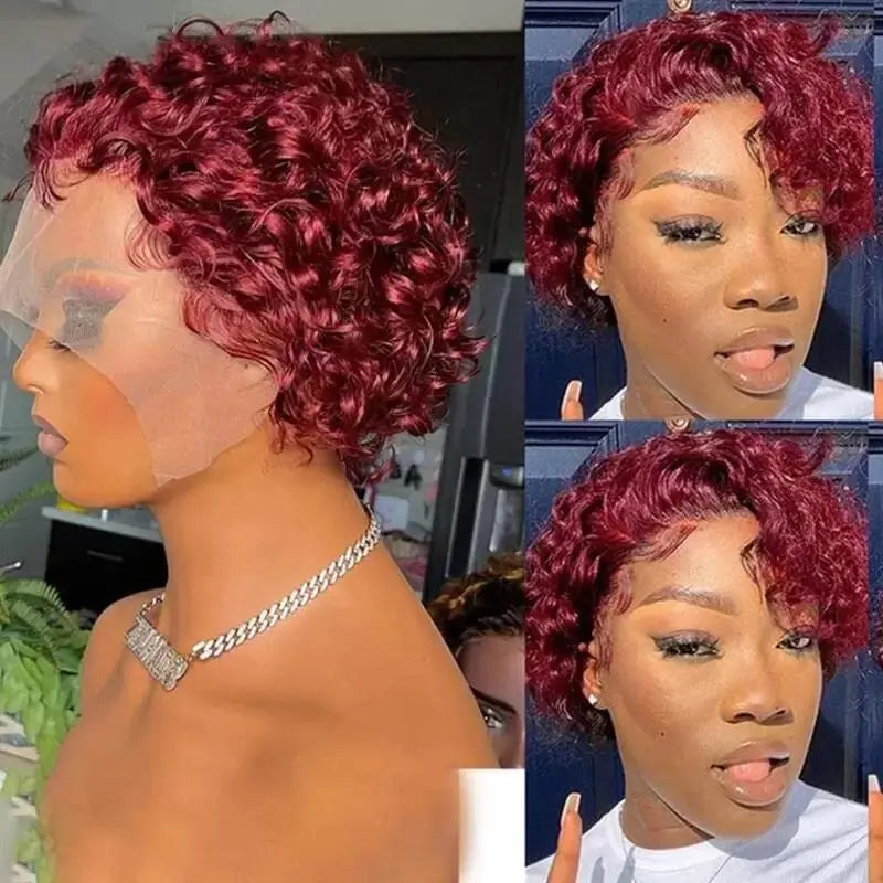 Peluca Pixie Cut de 6 pulgadas Cabello Humano 99J Pelucas Bob Cortas Rizadas Pelucas Frontales de Encaje 13x1 Cabello Humano Pelucas Pixie Cut Pelucas Para Mujeres Negras
