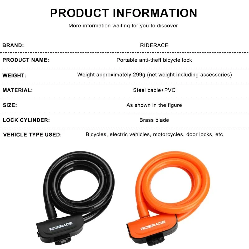 RIDERACE  Scooter Electric E-Bike Road Cycling Bicycle Cable Lock Mountain Bike Portable Anti-theft Ring Lock High Security
