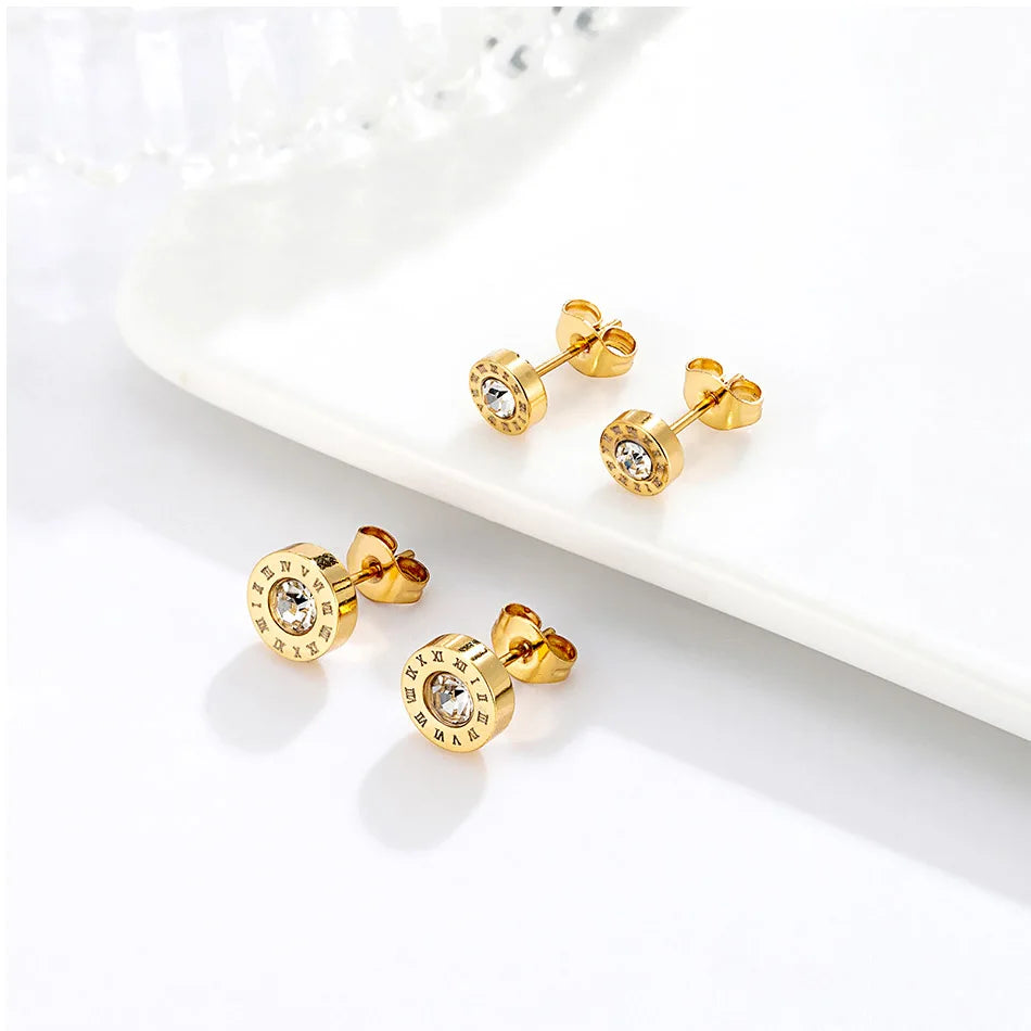 12 Pairs Pack Stainless Steel Round Shape Cubic Zircon Roman Numeral
