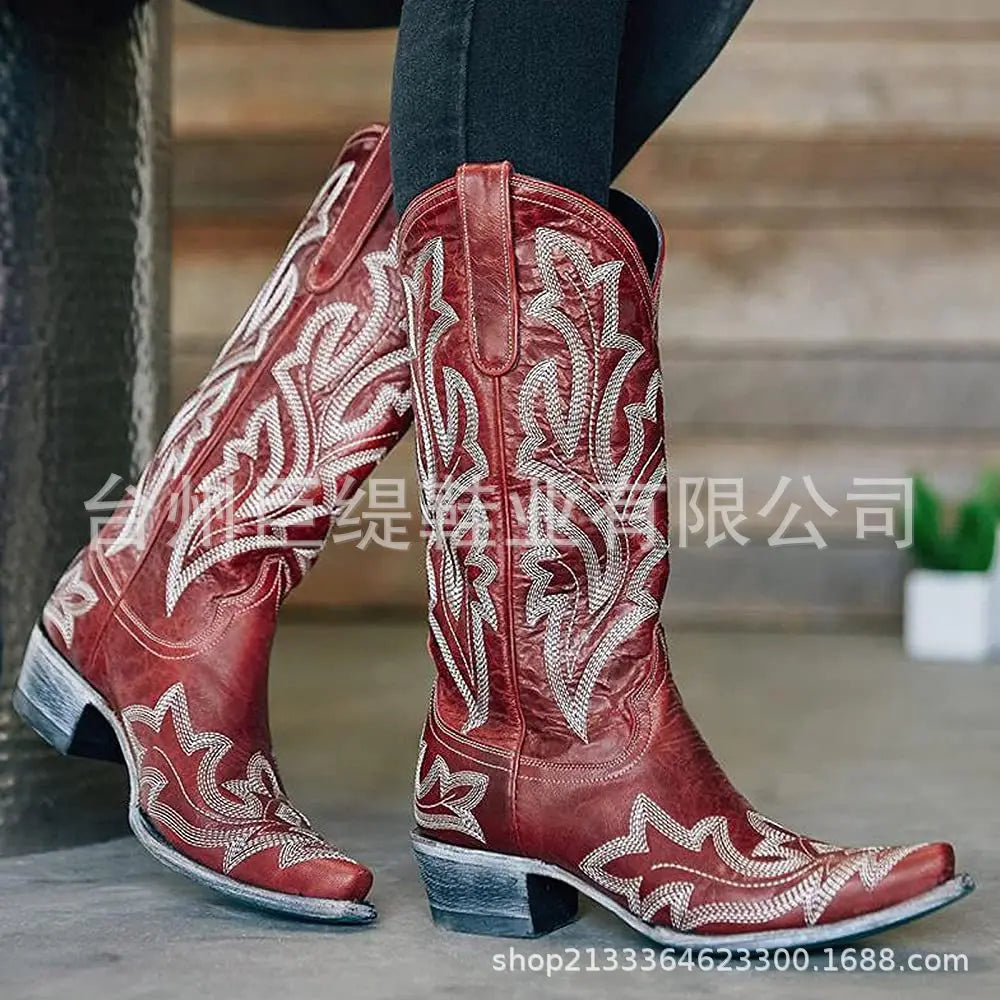 Botas de cowboy bordadas para mujer, hasta la rodilla, a media pantorrilla, botas vaqueras vintage de tacón, zapatos casuales de tacón grueso para otoño
