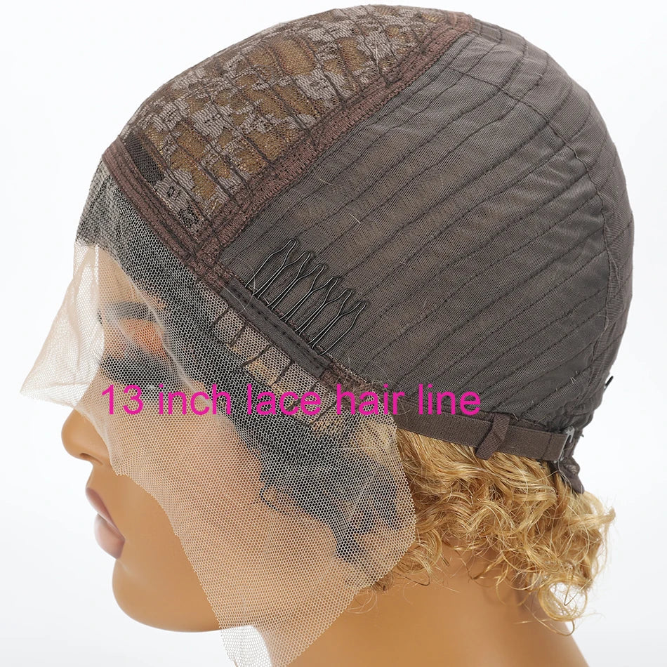 Pelucas Pixie Cut Cabello Humano Ombre 1B/27 Corto Rizado Pelucas de Encaje Frontal Brasileñas Onda de Agua Bob Peluca 13x1 Pelucas de Encaje Transparente 180%