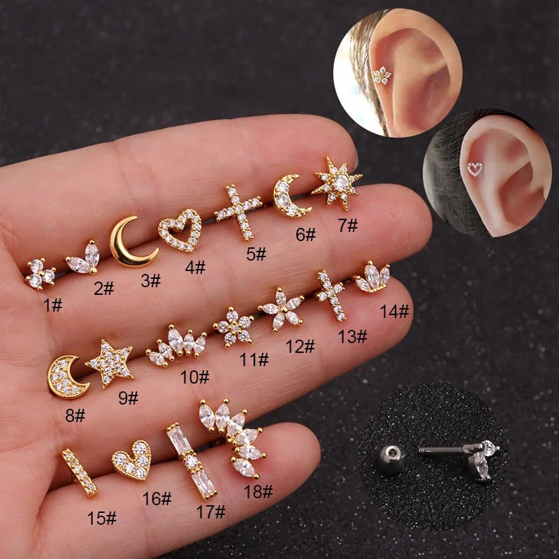 1PC Korean Stainless Steel Mini Zircon Cartilage Ear Stud Earrings for