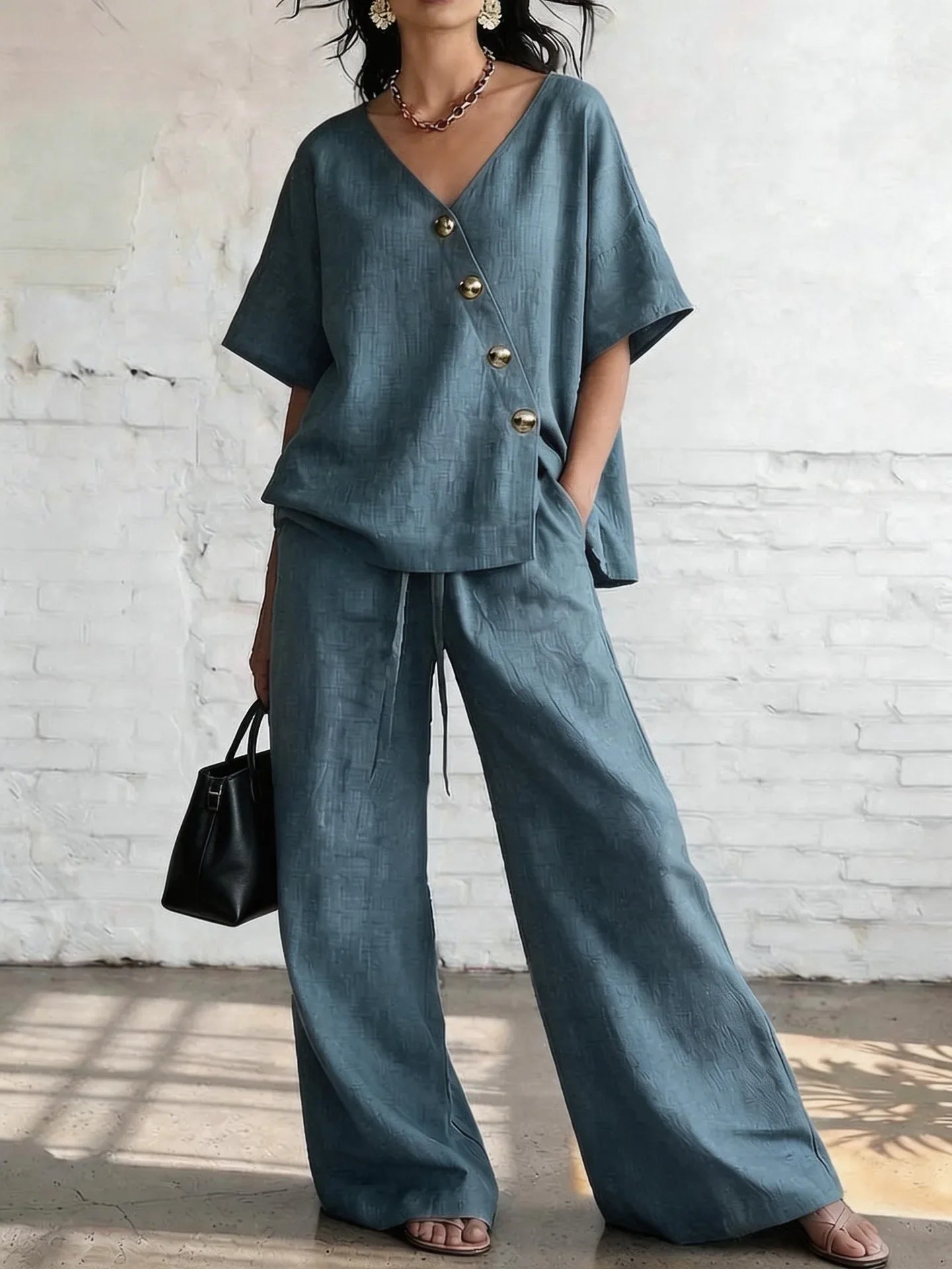 2026 Casual Cotton Loose Pants Sets Women Summer Fashion Short Sleeve V-neck Tops And Wide Leg Pant 2 Piece Set Woman Outfits