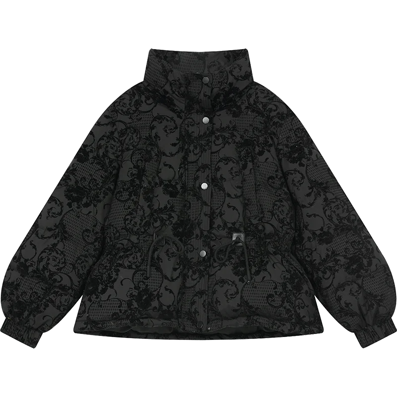 ELFSACK 2025 Puffy Down Coat Women Jacquard Embroidery Waist Gathered Gothic Royal Vintage Y2K Winter Long Puffer Jacket