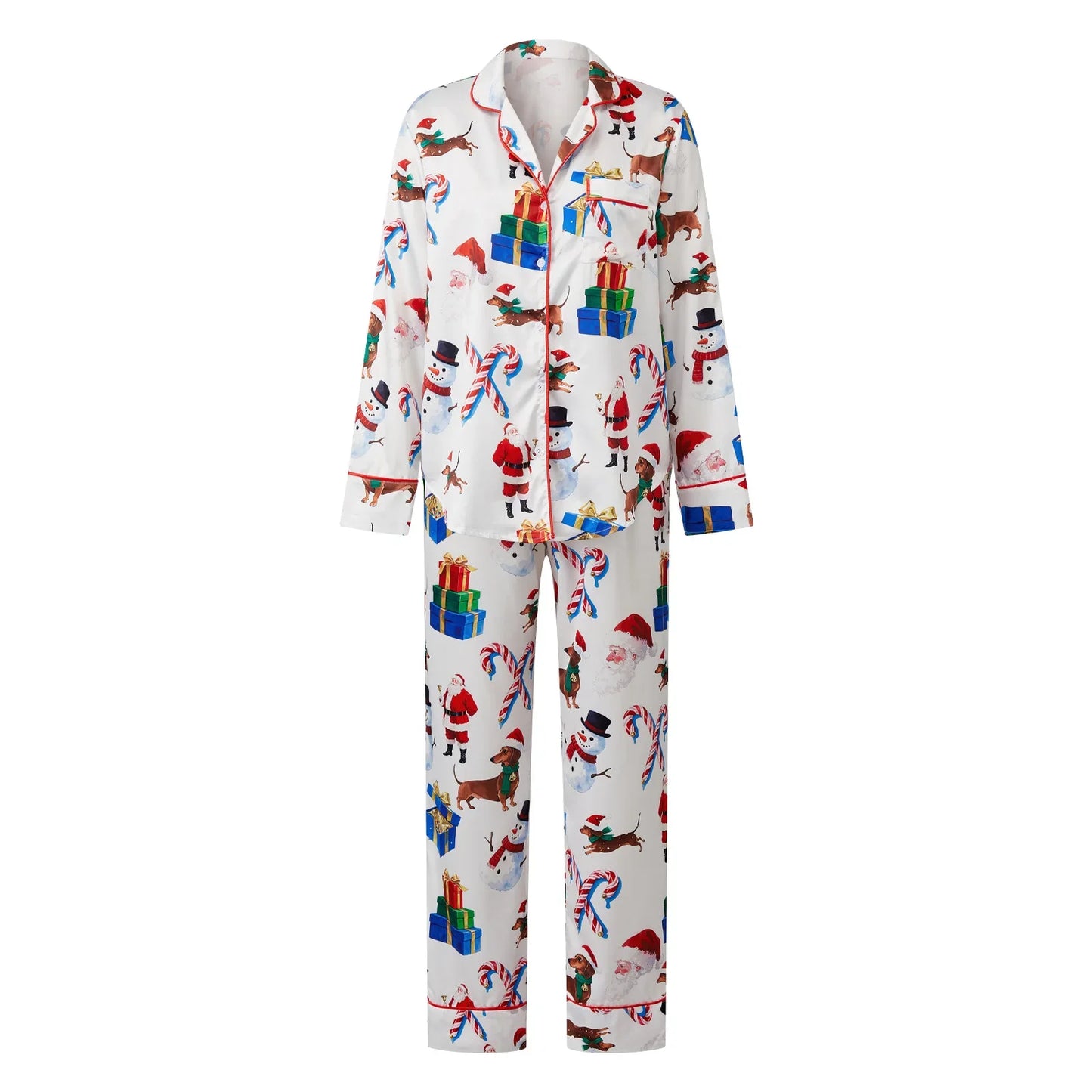 Women Christmas Two Pieces Pajama Set Bow/Dog/Snowman Print Long Sleeve Shirt with Pants Sleepwear Loungewear