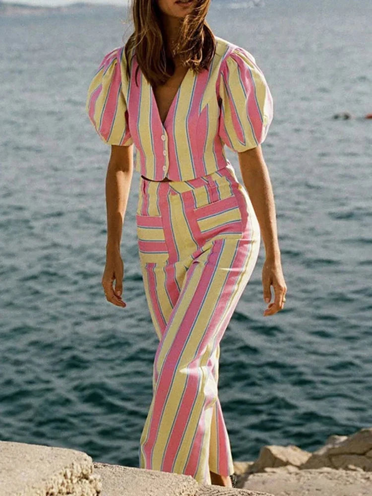 Sexy V-neck Short Sleeve Top & Pant Outfits Women's Fashion Stripes Print 2Pc Suit Elegant Button Hight Waist Commute Loose Sets