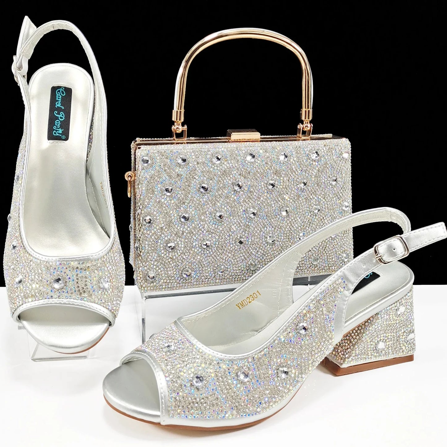 QSGFC 2024 Rhinestone Design INS Hot Sale New Arrivals African Shoes and Bag Set in Green Color Open Toe Comfortable Women Heels