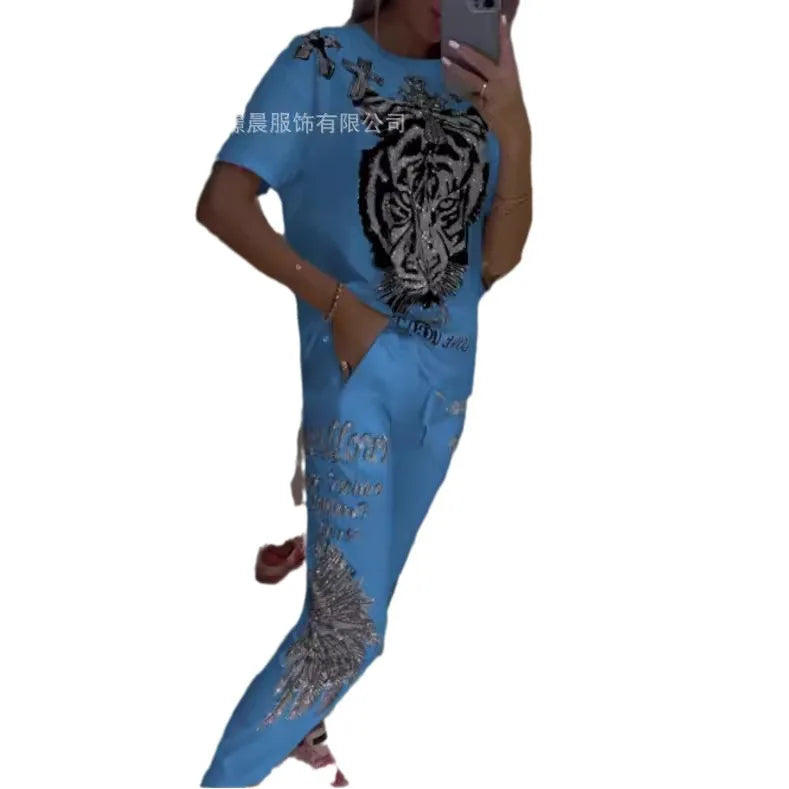 Spring Women Suit Print O-neck Short Sleeve Top Lace Up Long Pants Suits Female New Casual Elegant Trendy Ladies Clothes