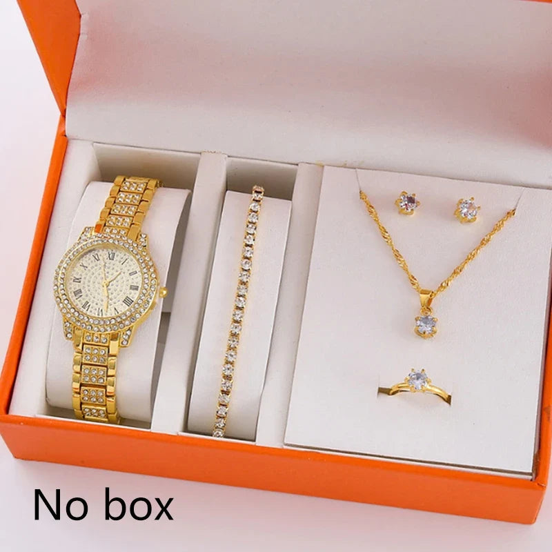 6Pcs/Set Women's Rhinestone Quartz Watch Set Fashion Wrist Watch & Jewelry Set Gift.▪