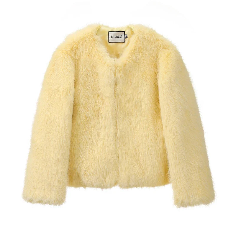 Neo Mint Cool Street Girls Winter Fashion Fluffy Fox Fur Jacket Women Casual Round Neck Faux Fur Coat Chic Thick Warm Outerwear