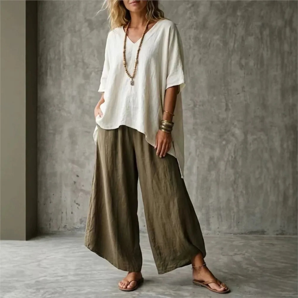 Summer New Loose Retro Short-sleeved T-shirt Trousers 2-piece Set Women's Fashion Irregular Top + Wide-leg Trousers Set Female
