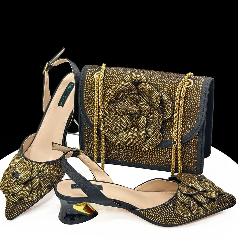 Conjuntos italianos de zapatos y bolsos con pedrería dorada HDF1-3