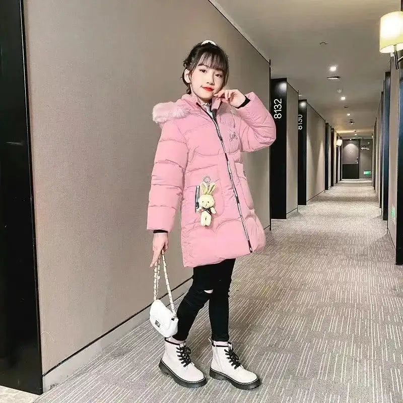 4 Color Big Size Winter Keep Warm Long Style Girls Jacket Teenage Thick Heavy Cold-proof Hooded Windbreaker Coat For Kids