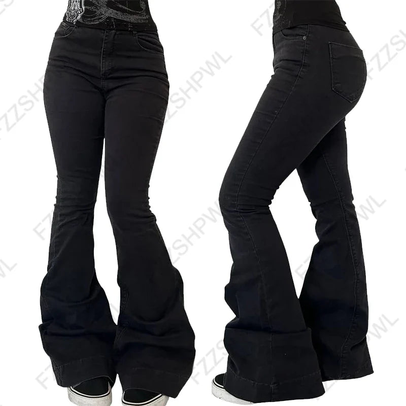 2025 Women's Concise High Waist Flared Jeans Stretchy Slim Fit Casual Chic Trendy Denim Pants Goth Harajuku Y2K Female Trousers