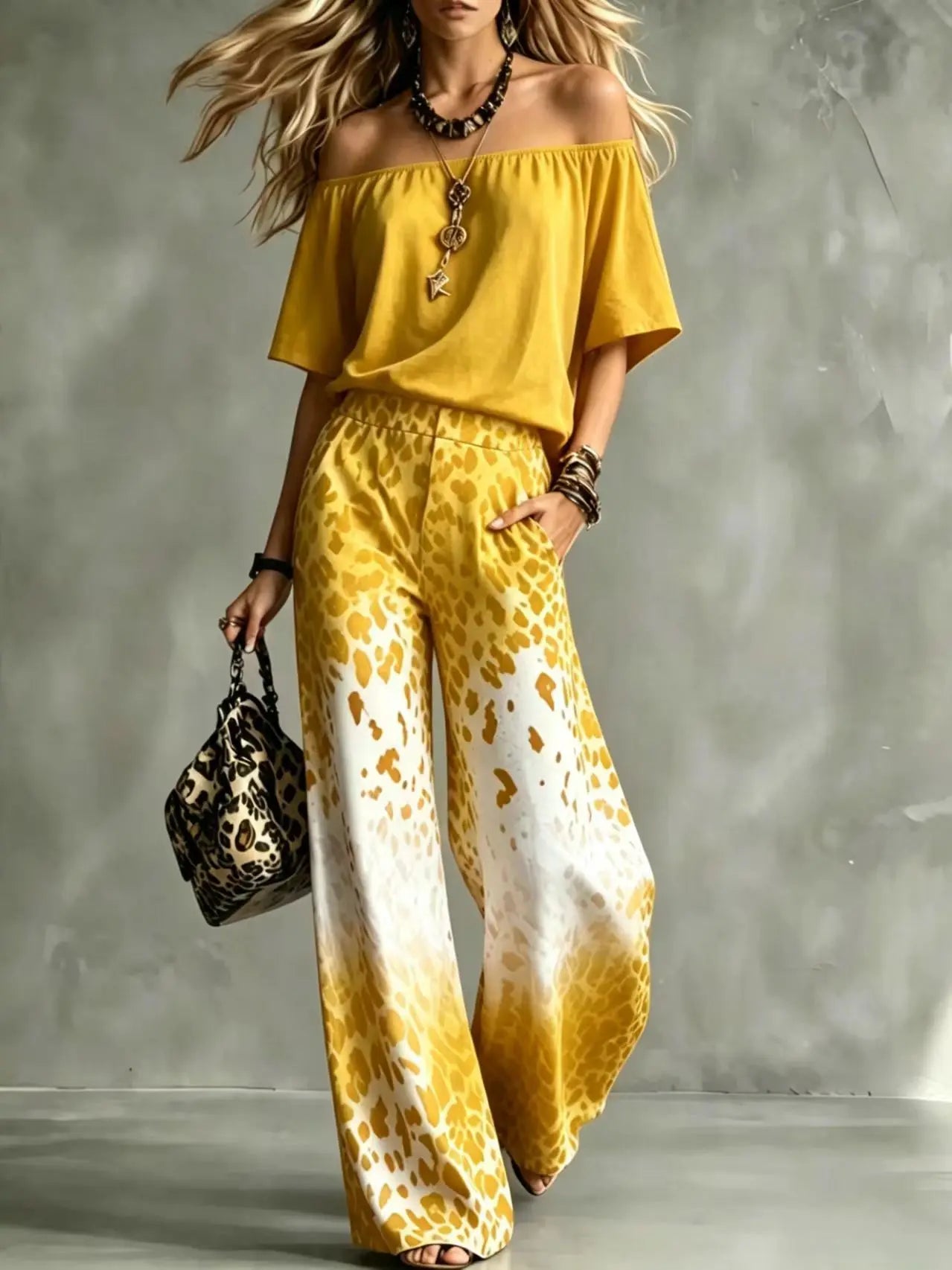 Summer Women Off Shoulder Short Sleeve Top Gradient Leopard Print Wide Leg Pants Two Piece Boho Casual Fashion Matching Suit New