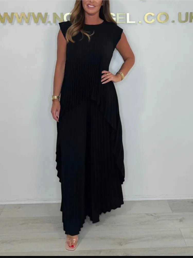 Summer Solid Casual Holiday Two Piece Sets Elegant Women Pleated Irregular O Neck Sleeveless Top + Wide-leg Pants Loose Outfits